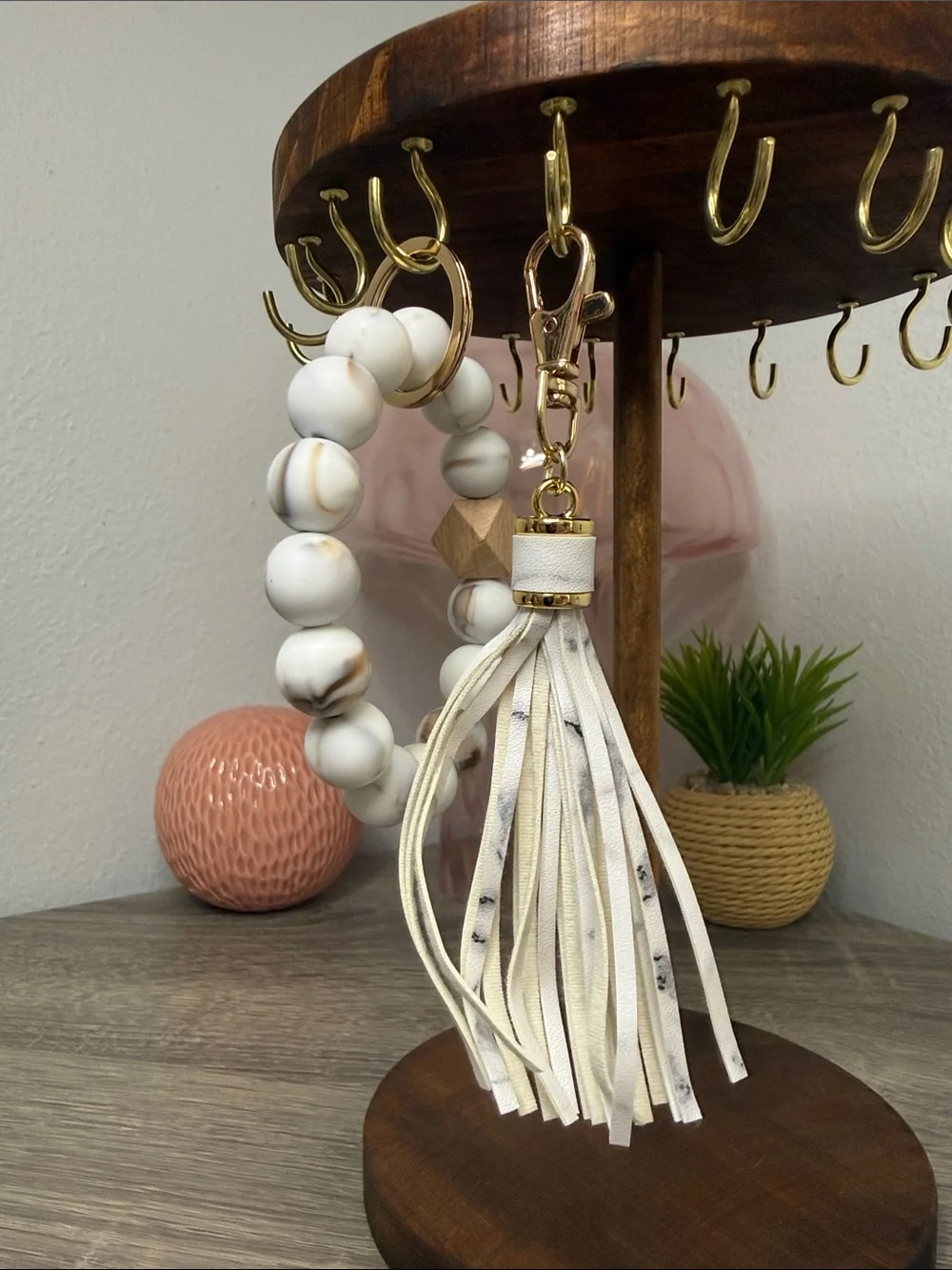 White Marble Beaded Keychain Wristlet